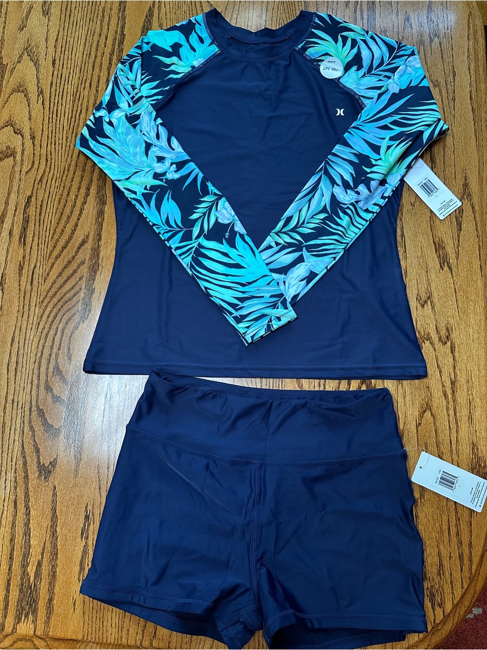 Hurley Navy Swim Rash Guard Set with Teal Leaf-Print Sleeves